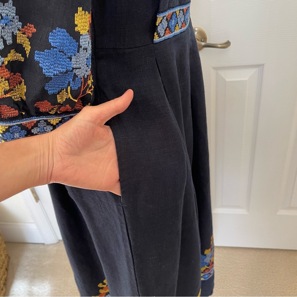 Linen Gallery Navy Blue Embroidered Midi Prairie Dress - Picture 6 of 16